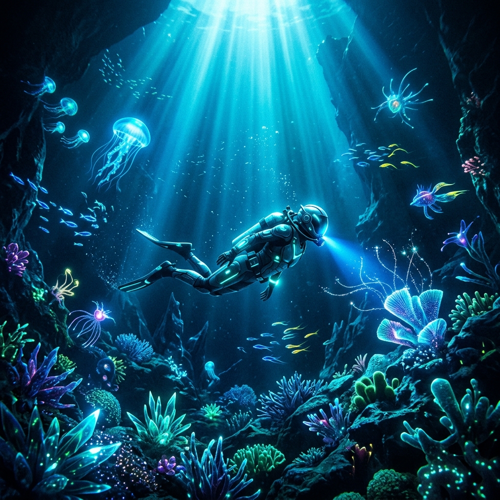 Subnautica 2 Bioluminescent Deep Ocean Diver